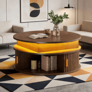 okwish Couchtisch mit LED HöhenVerstellbar Rolltür Stauraum 75x75x52cm Hochglanz Braun