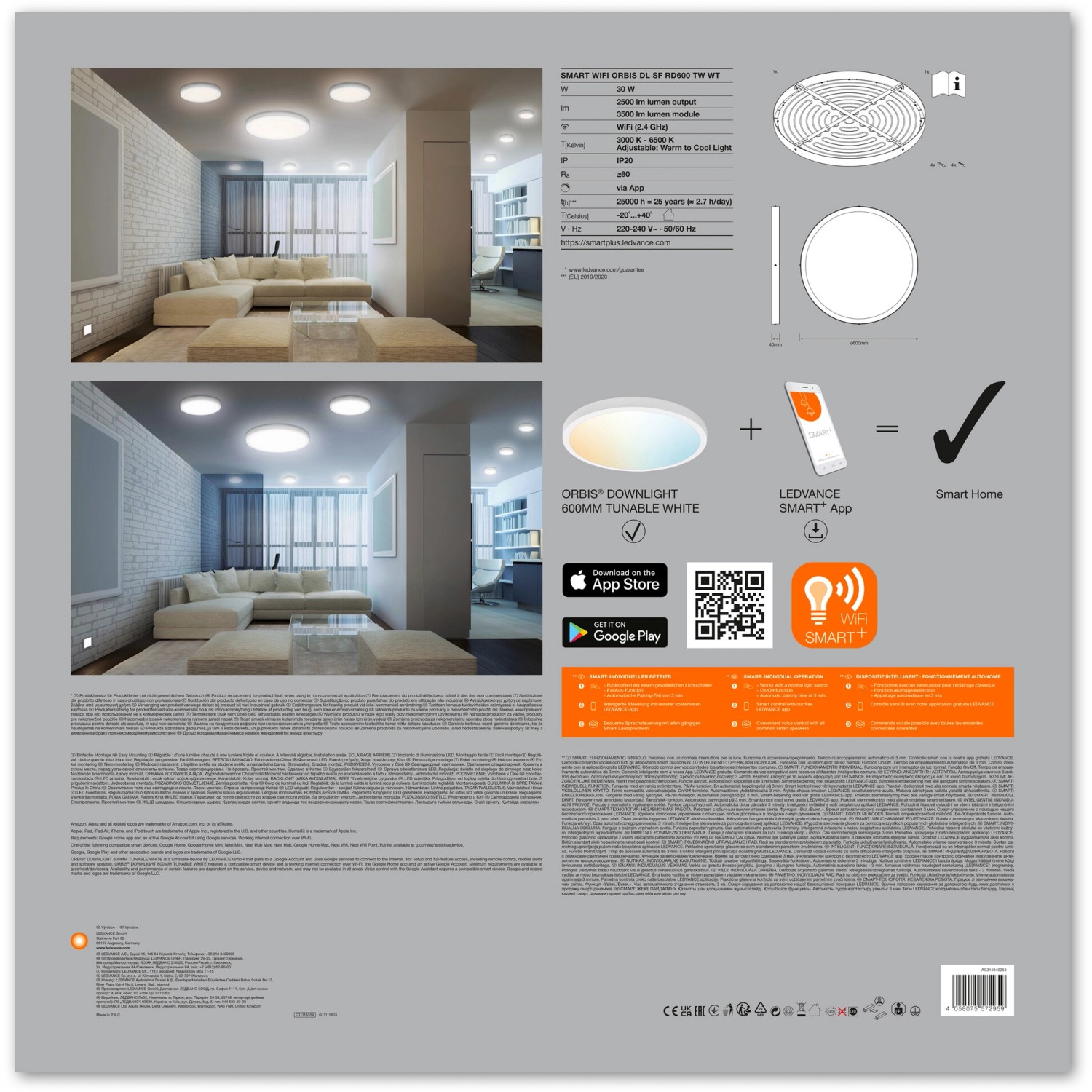 Verpackung der Ledvance Smart+ WiFi Einbauleuchte Surface Downlight, Ø 60cm, mit Anwendungsbeispielen und technischen Daten.