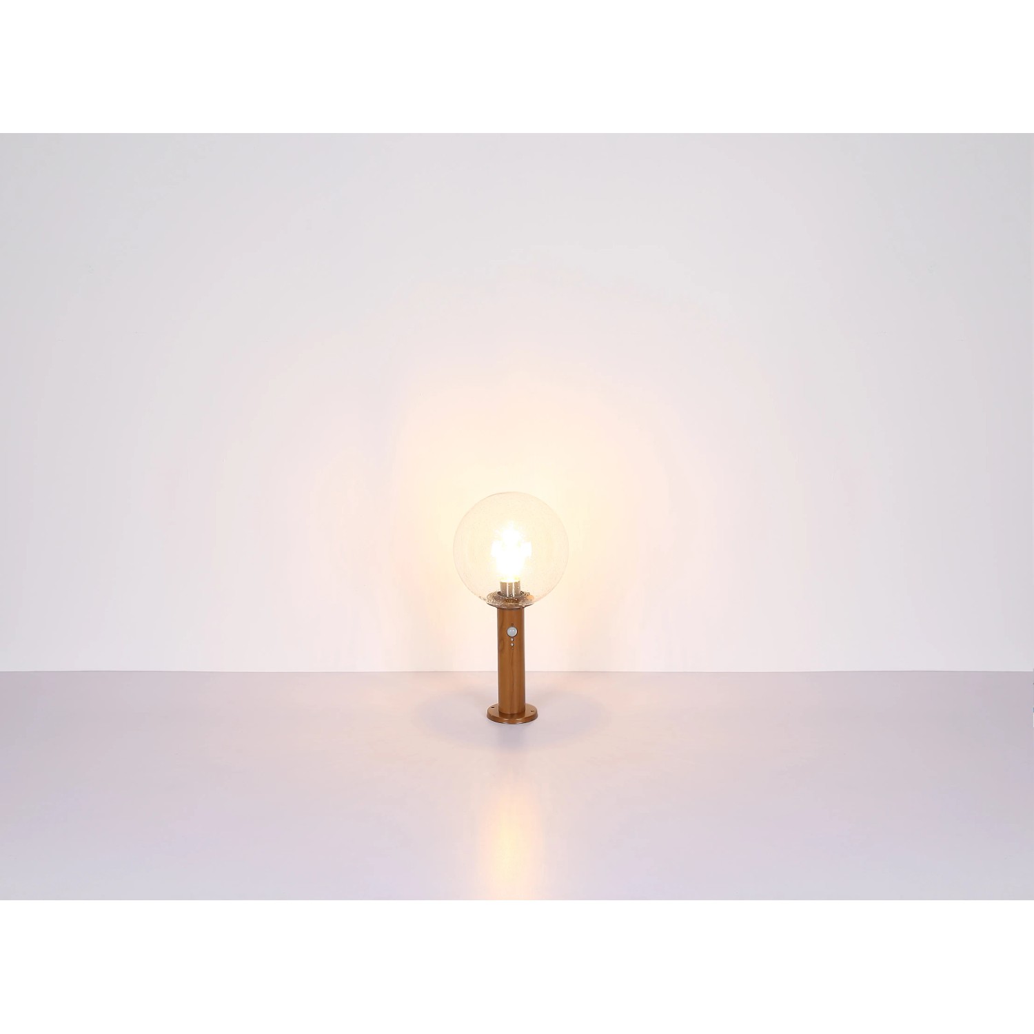 Globo Außenleuchte Ossy mit Bewegungsmelder, Holzoptik, 100cm hoch. Wegeleuchte mit klarem Glas.