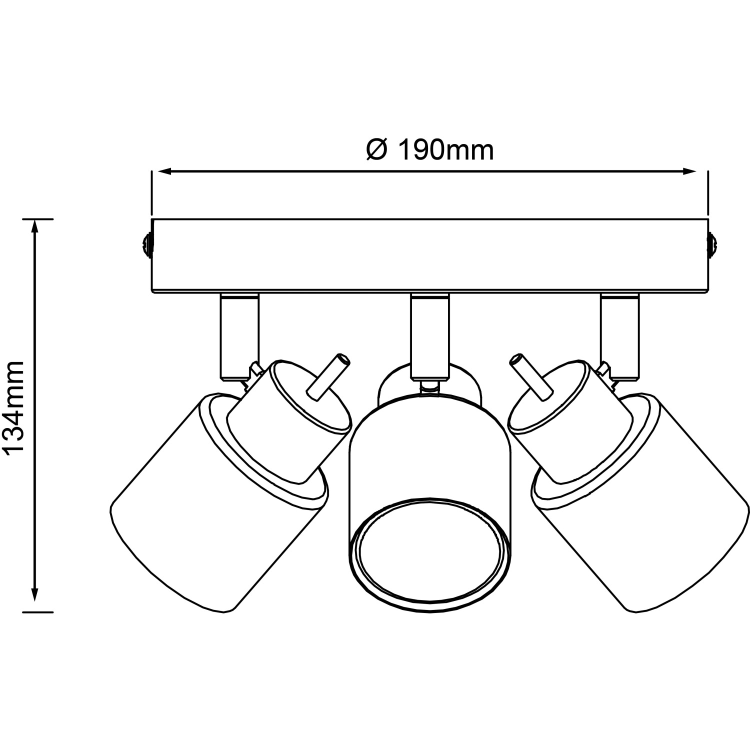 Technische Zeichnung des schwarzen, 3-flammigen LED-Spotrondells Andres mit Maßangaben.
