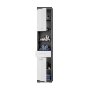 Hochschrank in Weiß-Rauchsilber (37x191x31cm) mit Regalfächern für Bad oder Hauswirtschaftsraum.