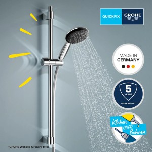 Grohe Brausestangenset Vitalio Start 110, 60 cm, Chrom mit Handbrause im Betrieb.