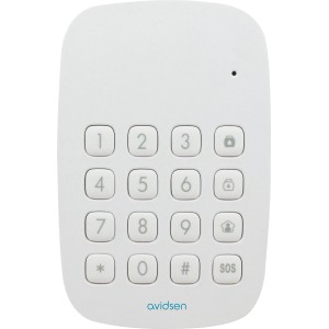 Weiße Tastatur für Alarmanlage Combo mit Zahlentasten und SOS-Knopf.