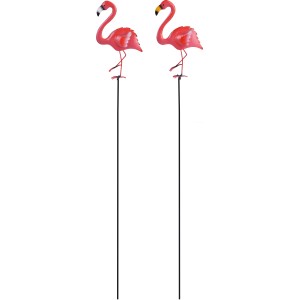 Gartenstecker: Zwei gelb-weiße Flamingos aus Metall, 95 cm hoch, zur Dekoration von Gärten.