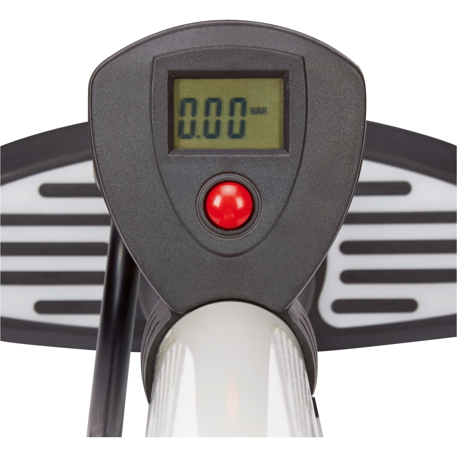 Detailaufnahme: Digitales Manometer der OBI Hochleistungs-Standluftpumpe für Fahrradreifen.