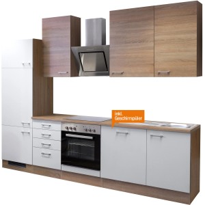 Flex-Well Küchenzeile Florida 280 cm in Sonoma Eiche-Weiß mit E-Geräten und Spüle.