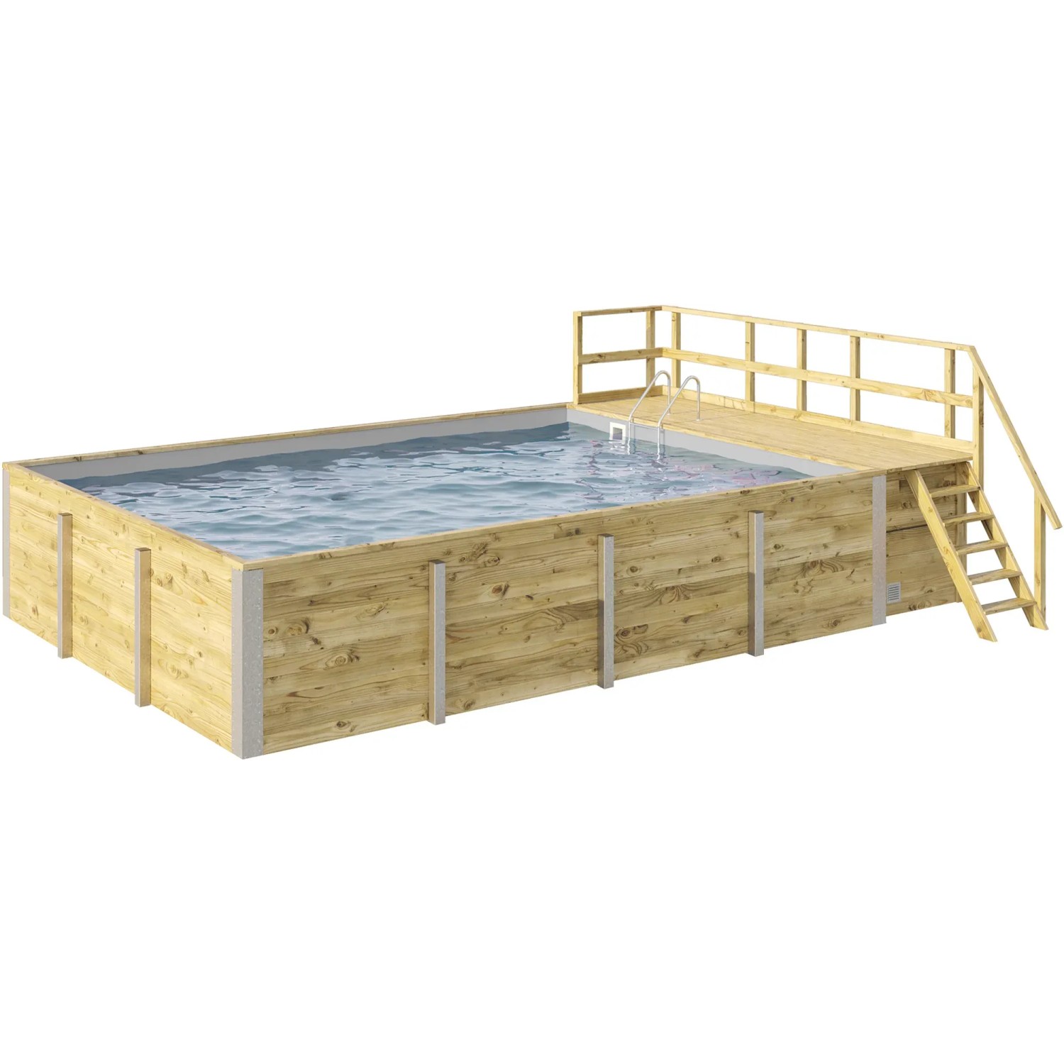 Hellgrauer Weka Holzpool mit Sonnendeck, Leiter und Technikraum. Ideal für Badespaß im Garten.