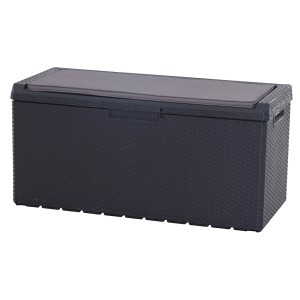 Anthrazitfarbene Toomax Kissenbox Portonovo mit Sitzkissen, 124x55x59 cm, zur Aufbewahrung im Garten.