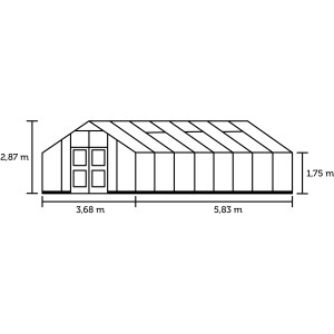 Skizze Juliana Gärtner 21 Gewächshaus: Maße 2,87x3,68x5,83 m, Doppeltür, Dachfenster. Ideal für Pflanzenaufzucht.