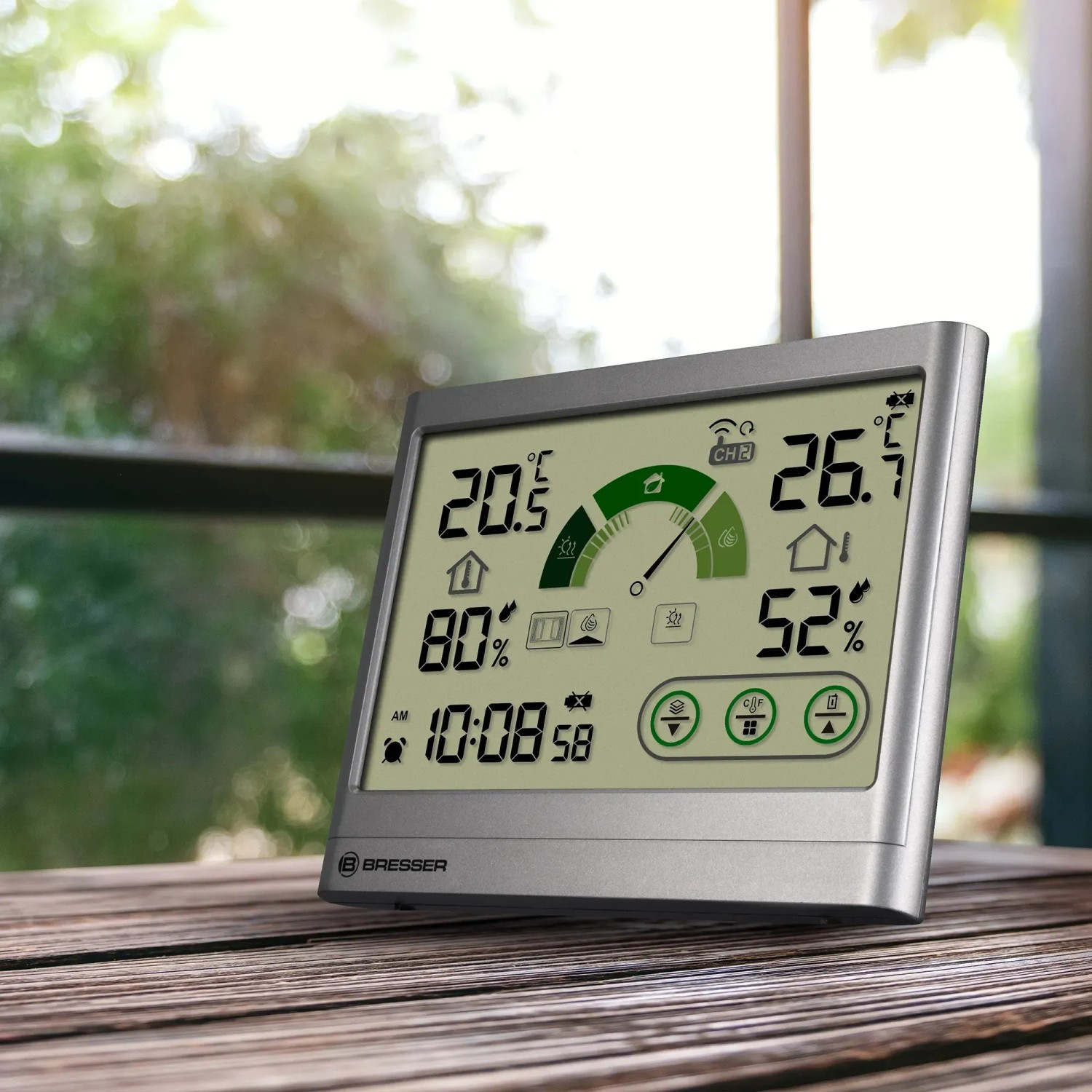 Bresser Thermo-Hygrometer VentAir H Anthrazit mit Temperatur-, Feuchtigkeitsanzeige und Lüftungsempfehlung.