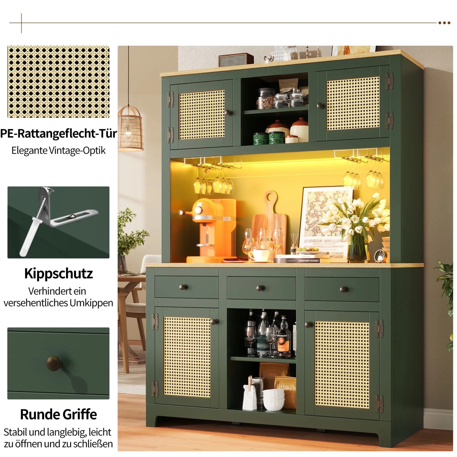 okwish Hochschrank mit LED Lichtsystem Rattan Kippsicherung Küche 120x40x180cm Grün_7