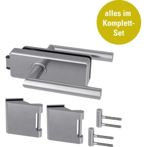 Novadoors Drehtür-Set Nova 501: Schlosskasten, Bänder und Zubehör in Edelstahl-Optik.