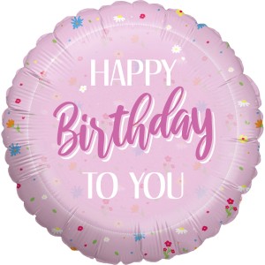Party Factory Folienballon Happy Birthday Rosa mit Blumenmuster, Ø 45 cm.