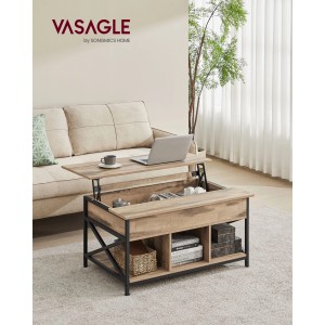Vasagle Couchtisch mit Stauraum, höhenverstellbar, braun-schwarz, mit Laptop auf ausgeklappter Tischplatte.