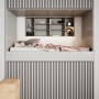 Raumansicht mit Akustikpaneel-Muster Linoleum Esche/Filz Schwarz an Wand und Decke.