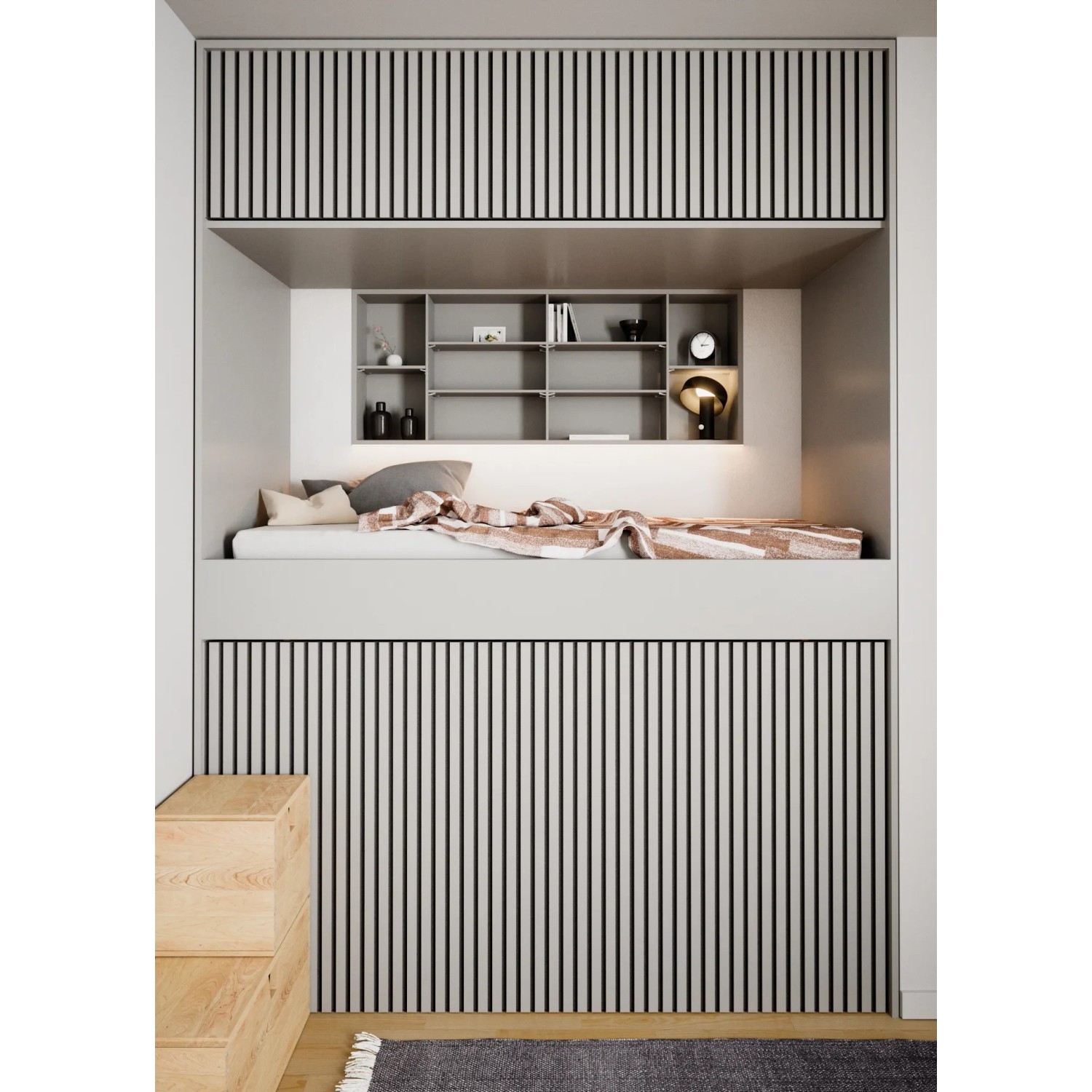 Raumansicht mit Akustikpaneel-Muster Linoleum Esche/Filz Schwarz an Wand und Decke.