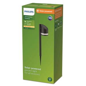 Verpackung der Philips Solar-Sockelleuchte Spiess Fyve, eine schwarze Solar-Wegeleuchte mit Erdspieß.