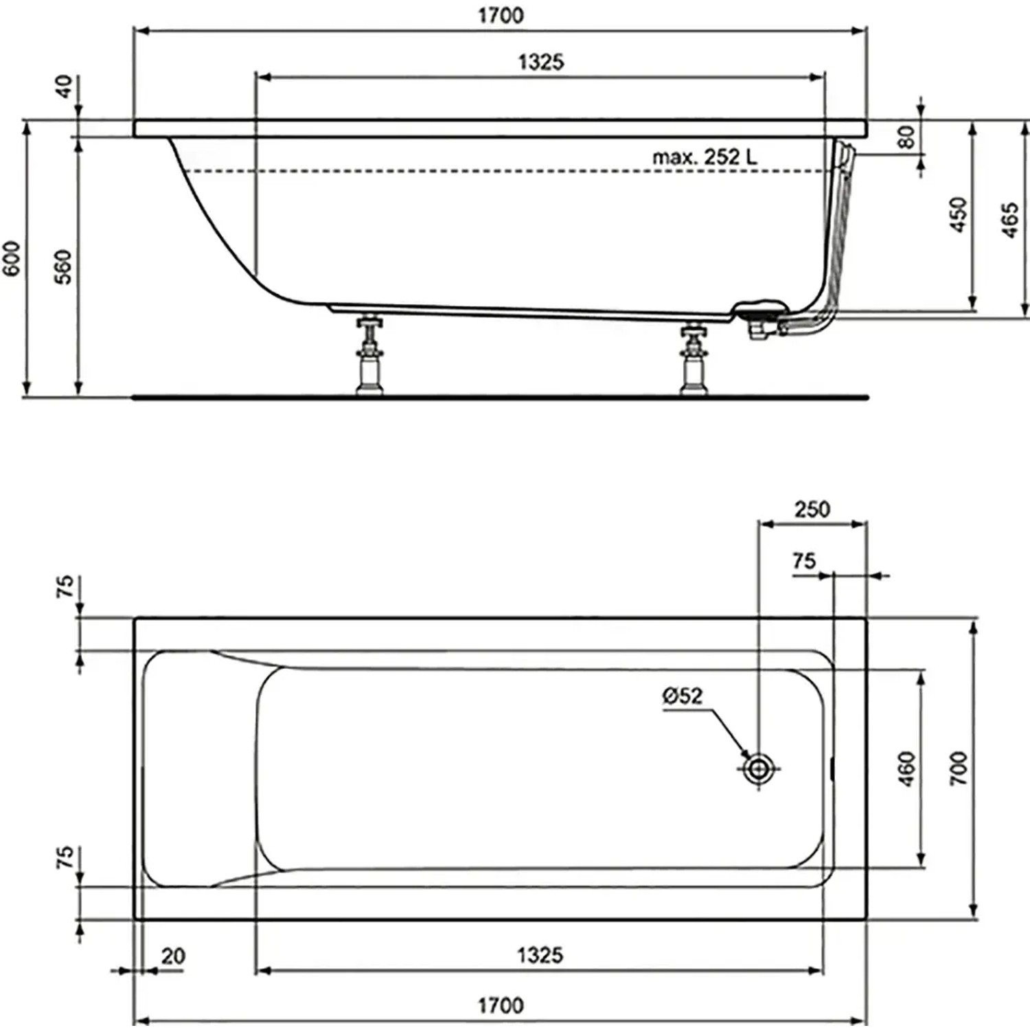 Technische Zeichnung: Ideal Standard Connect Air Badewanne, 170x70 cm, Maße und Details.