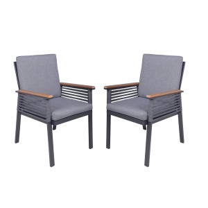 2er Set Garden Pleasure Stühle Denia, dunkelgrau mit grauen Auflagen und Holzarmlehnen.