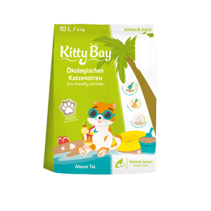 Kitty Bay Meow Tai Katzenstreu aus Maniokmehl, 10 Liter. Braun, mit tropischem Design.