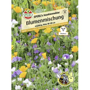 Samenpackung Sperli Blumenmischung "Insektennektar" mit blühenden Sommerblumen.