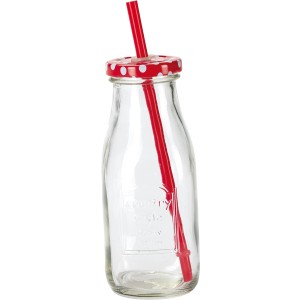 Trinkflasche aus Glas (325 ml) mit rotem Trinkhalm und gepunktetem Deckel.