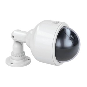 Weiße Kamera-Attrappe mit rotem Blinklicht und Halterung für Sicherheitstechnik.