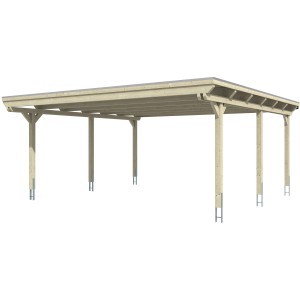 Weißer Skan Holz Doppelcarport Emsland mit Flachdach und sechs Pfosten.