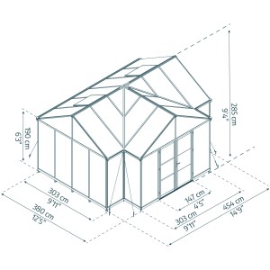 Technische Zeichnung des schwarzen Palram Canopia Triomphe Gewächshauses mit Maßangaben.