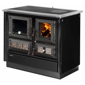 Schwarzer Justus Küchenofen Rustico 90 mit Kochplatte, Backofen und Holzfeuer.