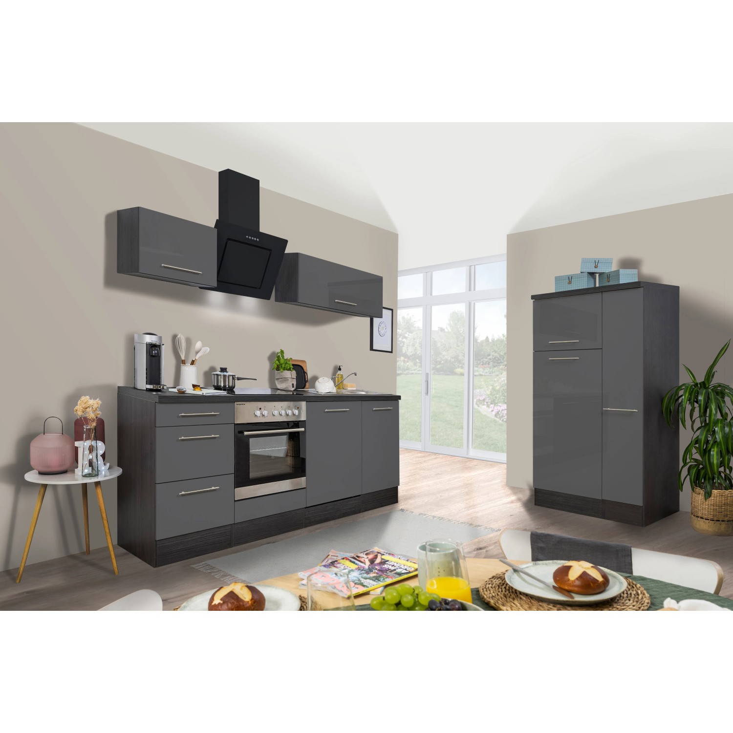 Respekta Premium Küchenzeile 310 cm in Grau Hochglanz und Eiche Grau mit E-Geräten.