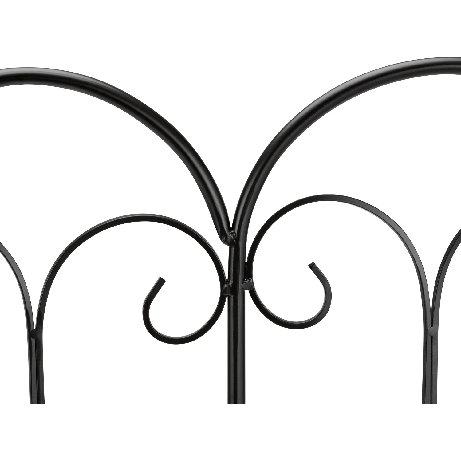 Detailaufnahme: Schwarze Garteneinfassung aus Eisen mit Bogen-Design, 56,5 cm breit.