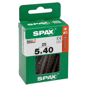 Verpackung Spax Universalschrauben 5x40 mm, verzinkt, schwarz, 25 Stück. Universalschrauben für Holz.