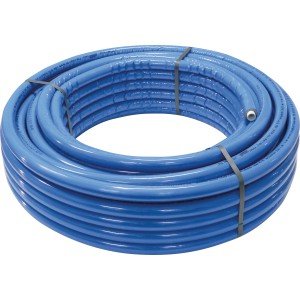 Blaues Mehrschichtverbundrohr (26 mm) als 25 m Rolle für Sanitär- und Heizungsinstallation.