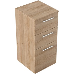 Posseik Bad-Hängeschrank Rima, Eiche hell, 40 cm breit, mit drei Schubladen und silbernen Griffen.