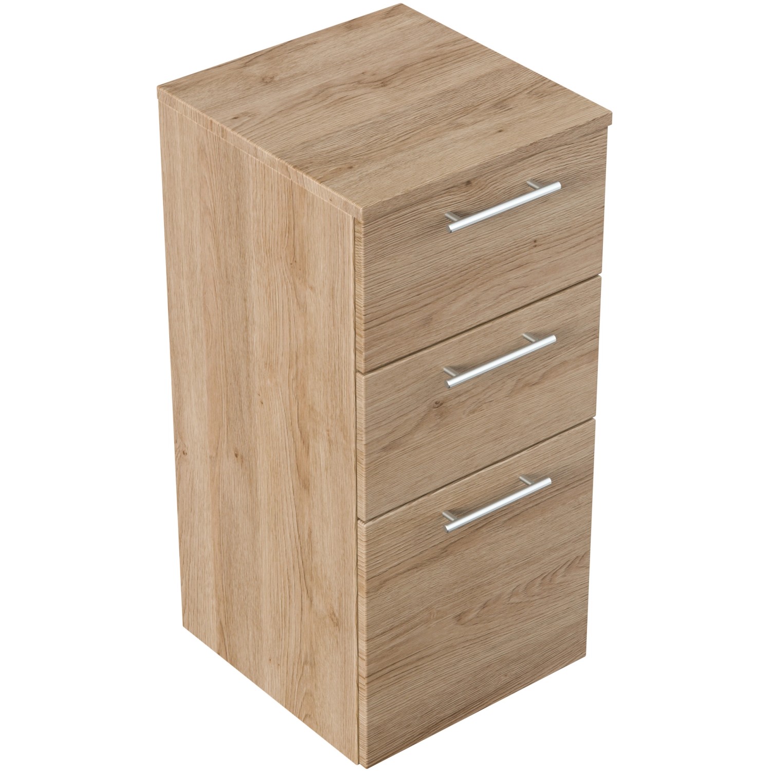 Posseik Bad-Hängeschrank Rima, Eiche hell, 40 cm breit, mit drei Schubladen und silbernen Griffen.