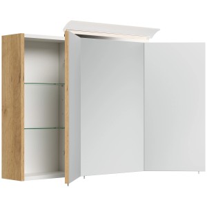 Posseik Spiegelschrank 100 cm Eiche Gold mit LED-Lampe und Glasböden.