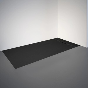 Rechteckige, anthrazitfarbene Schulte Duschwanne ExpressPlus Extraflach 160x70 cm im Badezimmer.