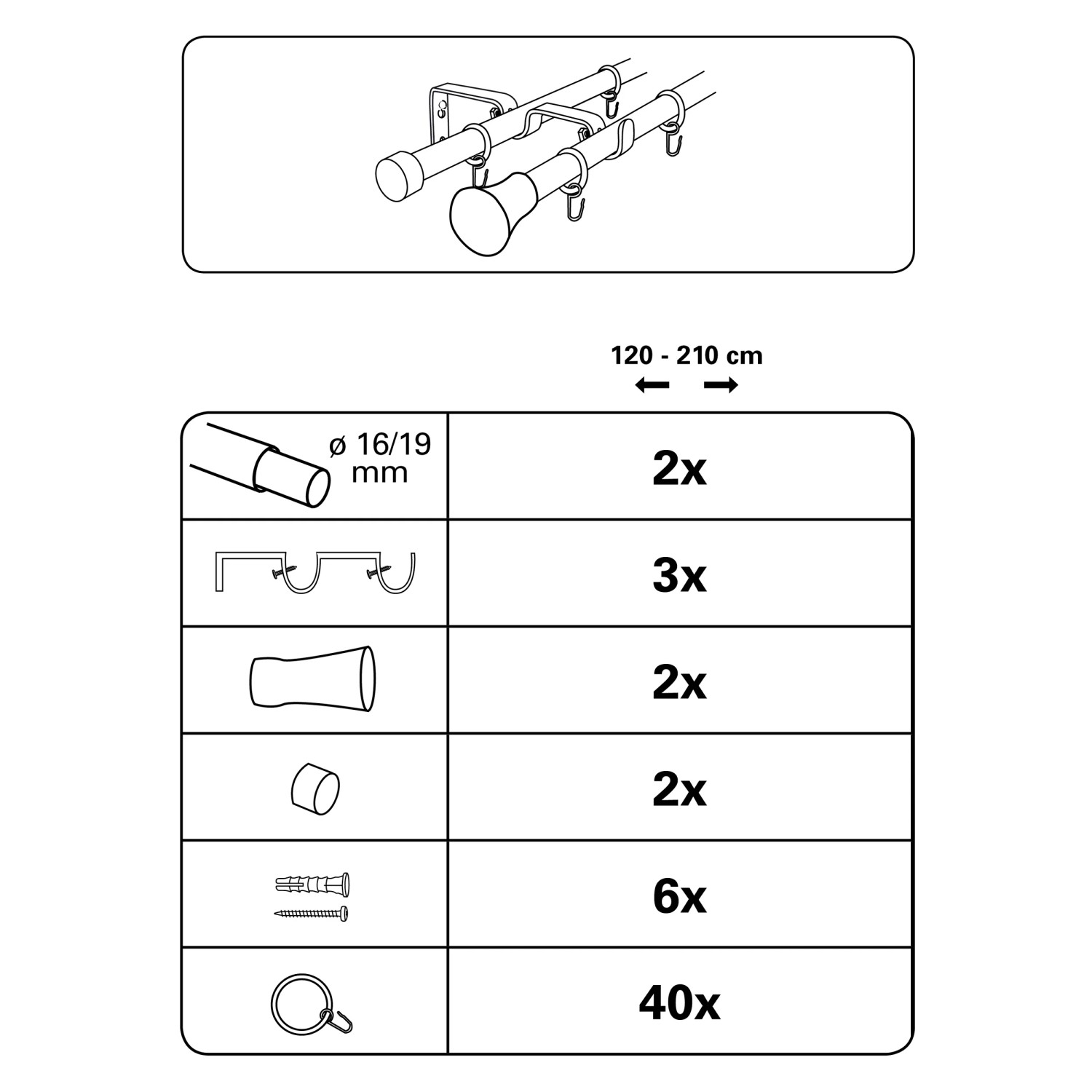 Gardinia Konus Gardinenstangen-Set, ausziehbar, mit Zubehör für die Montage.