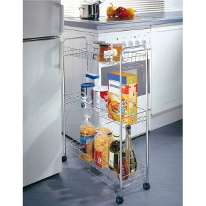 Wenko Rollregal Slim Chrom mit 3 Ablagen, befüllt mit Lebensmitteln, für Küche & Bad.