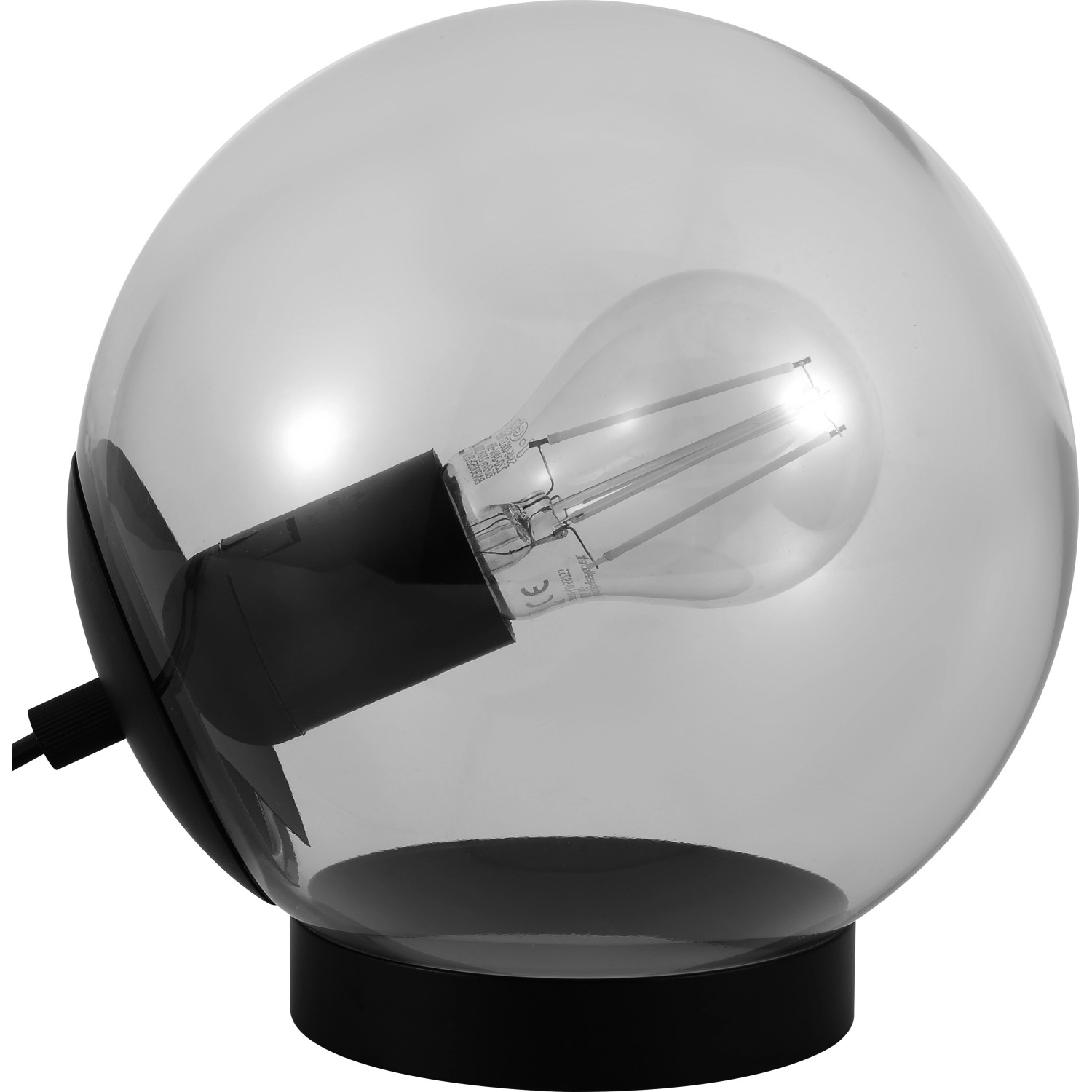 Bernsteinfarbene Design-Tischlampe, 18,5 cm hoch, mit Glaskugel und schwarzem Metallsockel.