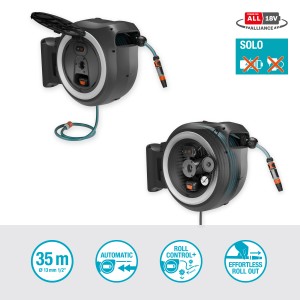 Gardena Akku-Wand-Schlauchbox PowerRoll XL mit 35m Schlauch, zwei Ansichten. Gartenschlauchwagen für große Gärten.