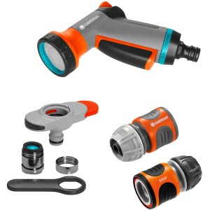 Gardena Indoor Grundausstattung Set mit Brause, Hahnverbinder, Schlauchverbinder und Wasserstop.