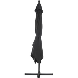Zusammengefalteter, anthrazitfarbener Ampelschirm (Ø 250 cm) mit Kurbelmechanik und Schirmständer.