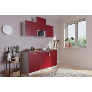 Respekta Küchenzeile KB150WRMI, 150 cm, rot-weiß glänzend mit E-Geräten und Spüle.