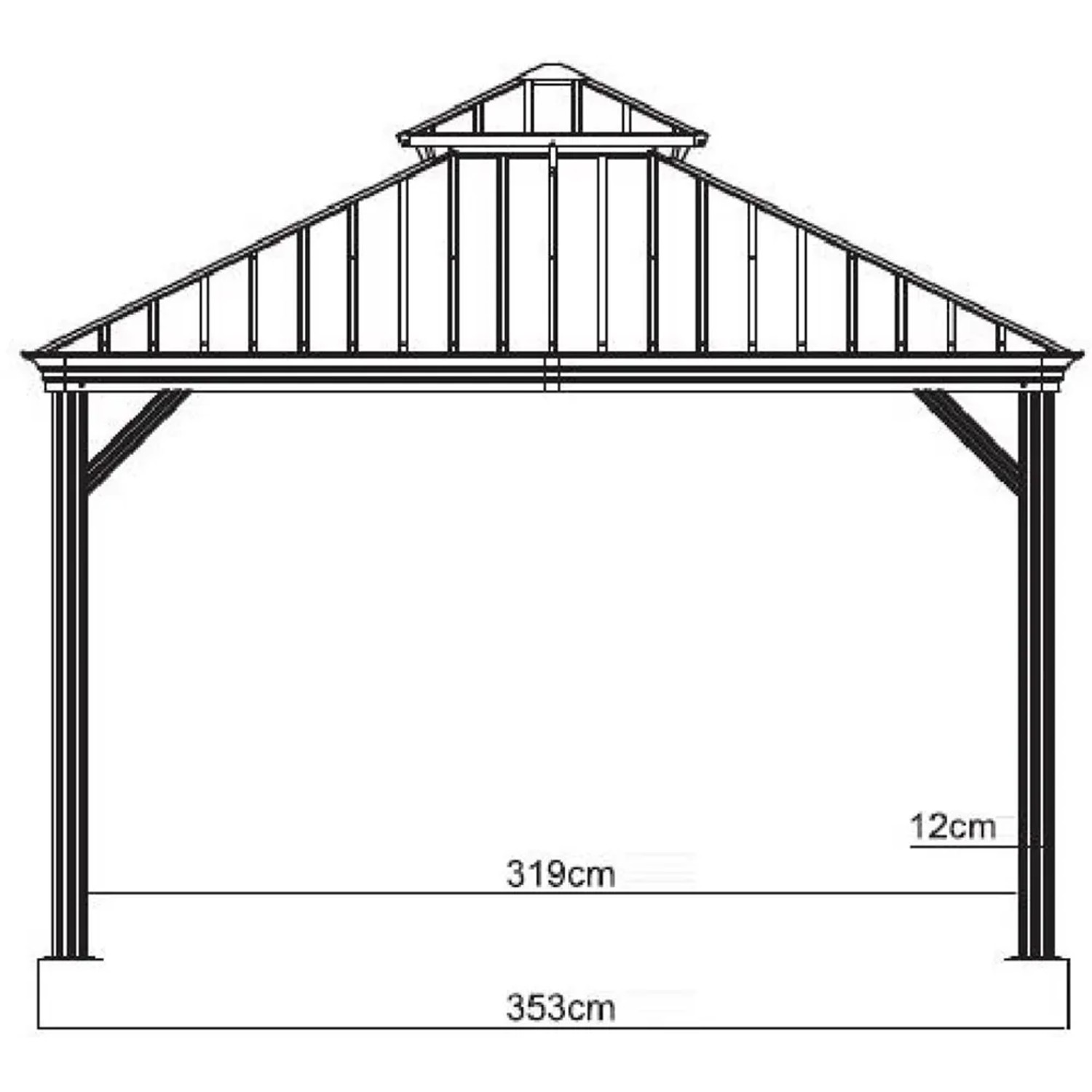 Skizze: Sojag Aluminium-Pavillon Messina 12x16, anthrazitfarben, mit Maßangaben.