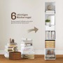 Weißes, schmales 6-stöckiges Bücherregal aus Spanplatte mit offenen Fächern, Schublade und Schrank.
