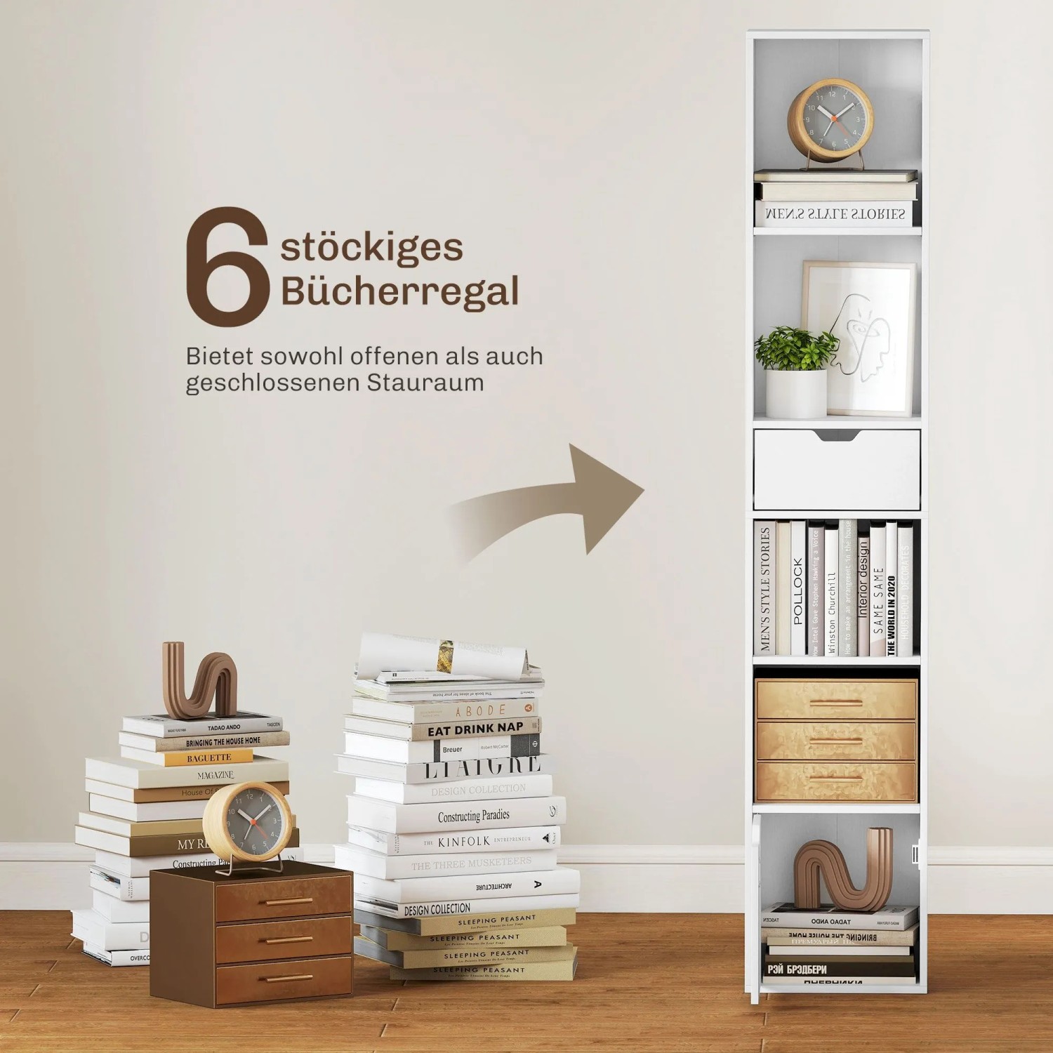 Weißes, schmales 6-stöckiges Bücherregal aus Spanplatte mit offenen Fächern, Schublade und Schrank.