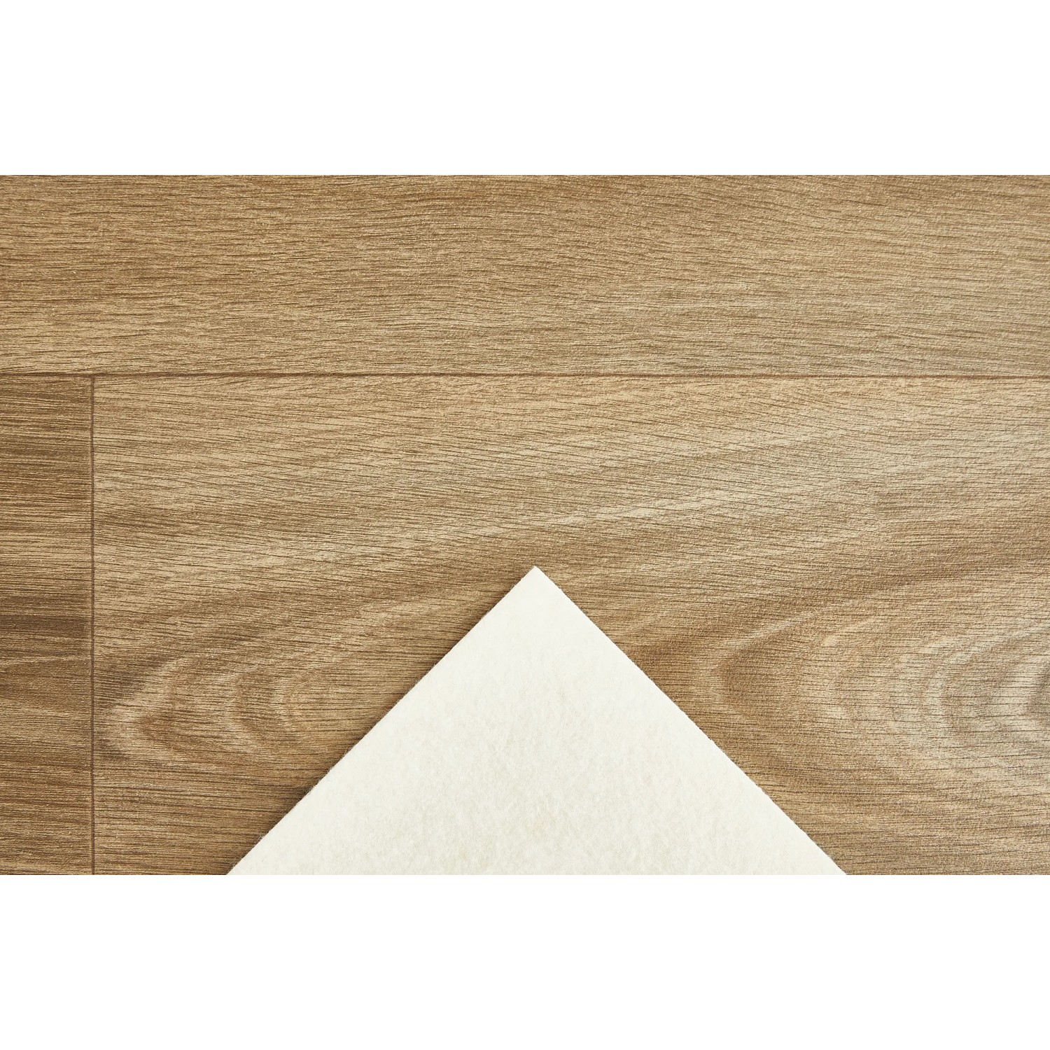 Andiamo PVC-Bodenbelag in Landhausdielenoptik, braun, als Meterware. Detailansicht der Textilrückseite.