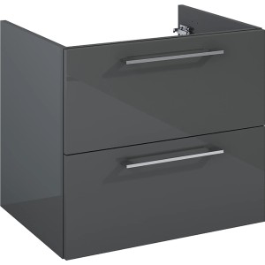 Maximus Waschbeckenunterschrank Stylo, anthrazit, 60 cm breit, mit zwei Schubladen und silbernen Griffen.
